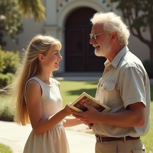 Professional photography image of girl aged 12 in summer dress talking with balding man in his fifties at Bowers Museum holding a book