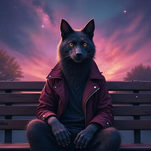 Humanoid animal character with wolf features is seated on a park bench. The sky is filled with a nebula. The character has a cool demeanor wearing a leather jacket. The scene conveys a captivating aesthetic for a music album cover.