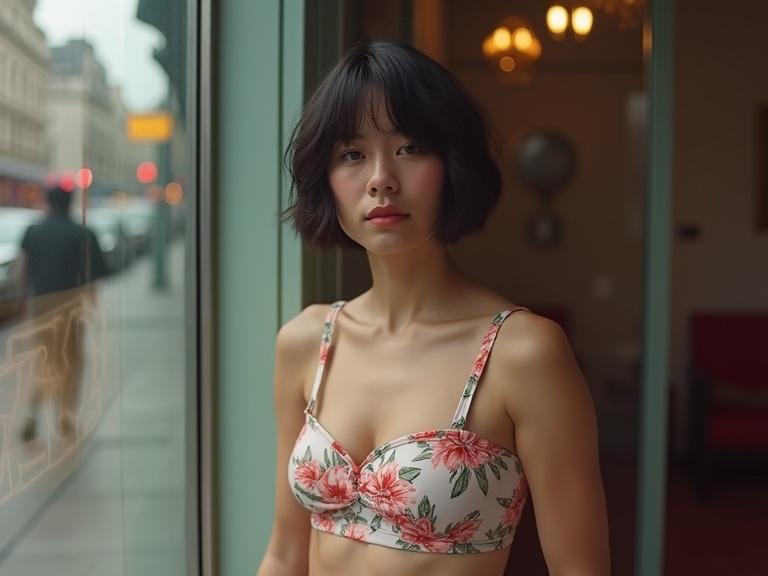 A person wearing a floral crop top and high heels, calm and confident expression, short dark hair, captured from outside through a large glass window, showing full body in a red-light district room, with urban street scene and glass reflections emphasized, wide angle composition.