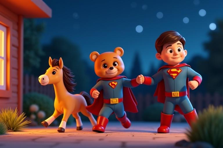 A thrilling 4K ultra-HD 3D animated scene shows Sparky leading Teddy and a horse outside into the night. All characters have human-like posture and outfits. The scene has bright colors. The background features a starry sky and garden.