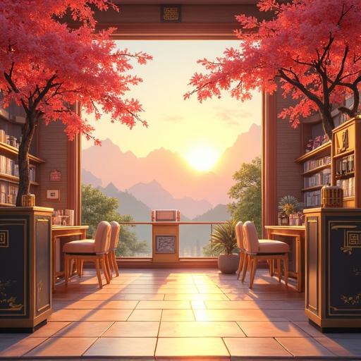 A luxurious pet shop interior featuring oversize designs and modern amenities. Morning light fills the space. Cherry blossom trees are in bloom by the window. Soft pink blossoms contrast with light gold and onyx black decor. A sunset view showcases mountains in the background.