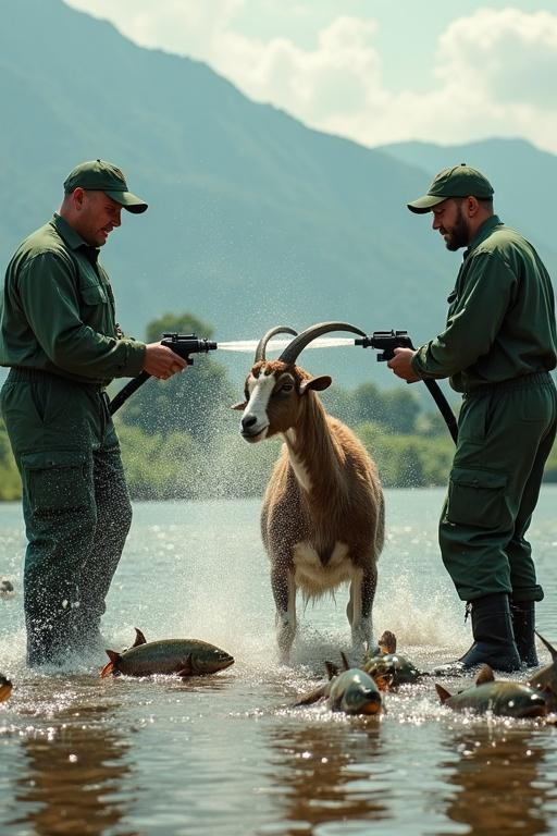 Two workers in green outfits use hoses on a goat in a river. Water sprays creating misty droplets. Goat rears on hind legs distressed by piranhas clinging to its fur. Lush riverbank and distant mountains add depth. Highly detailed textures seen on clothing and animals.