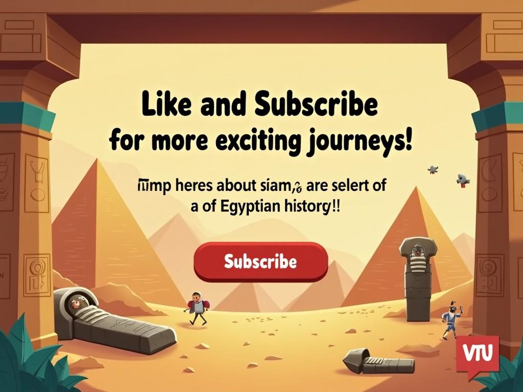 Create an engaging end screen for a YouTube video promoting the channel 'Listen Saga.' The background should feature iconic elements from ancient Egypt, including pyramids, mummies, and hieroglyphs. Overlay text should invite viewers to 'Like and Subscribe for more exciting journeys!' Additionally, encourage them to leave comments about their favorite parts of Egyptian history. Incorporate visual elements like thumbs up and subscribe buttons. The design should be playful and inviting, promoting interaction and engagement.