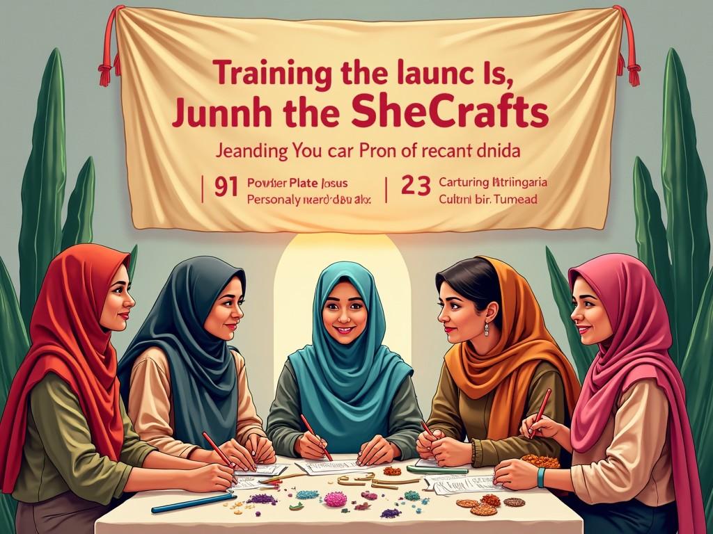 The image represents a gathering of women engaged in crafting activities for the SheCrafts program. They are seated around a table filled with various crafting supplies, showcasing a spirit of collaboration and creativity. The backdrop features a banner announcing the training sessions scheduled in November in Tunis. Each woman showcases a distinct crafting technique, symbolizing their unique contributions and skills. The environment is warm and inviting, emphasizing the support and empowerment aspect of the program. This setting also illustrates the importance of community and shared experiences among women artisans.