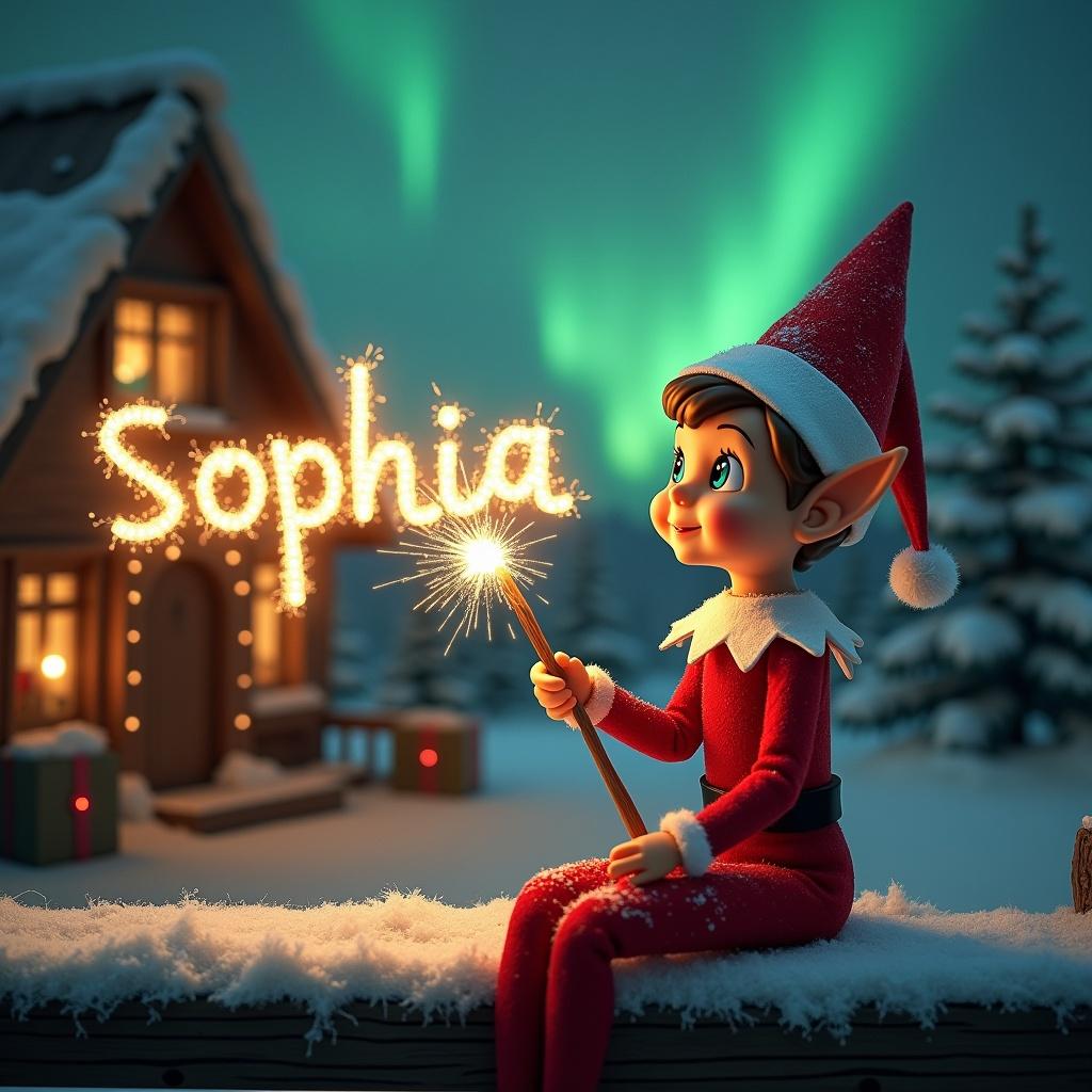 An elf on the shelf holds a glowing wand. The name Sophia is written in glowing letters. Background features Christmas scene with northern lights and a decorated house. Snow covers the ground.