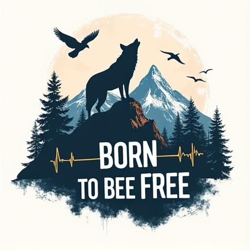 Graphic features a wolf silhouette against mountain peaks. Birds fly in the background. EKG heartbeat line runs through the mountains. Bold text includes BORN TO BE FREE. Represents the excitement of trail riding. Captures the spirit of mountain biking.
