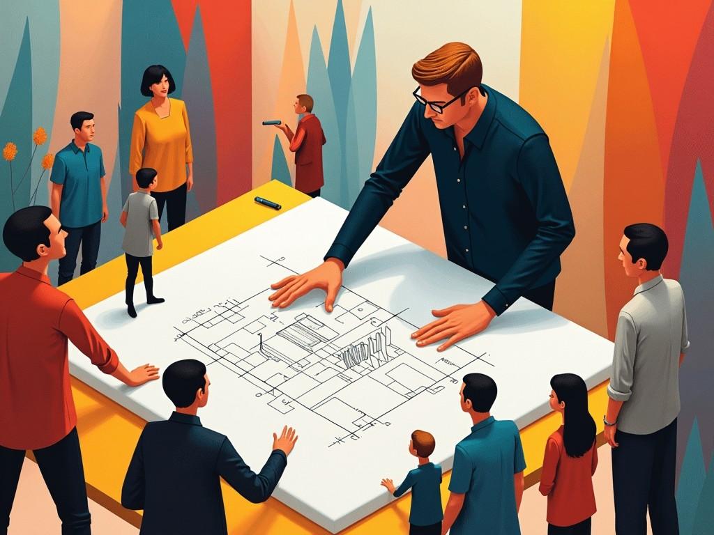 This image presents an abstract depiction of a large figure focused on drawing architectural plans. Surrounding the larger figure are smaller people, indicating a collaborative environment. The scene is vibrant with a mix of colors, creating an engaging atmosphere. The setting suggests a workshop or meeting, emphasizing teamwork and creativity. The architectural plans on the table are detailed, showcasing the importance of design in modern spaces.