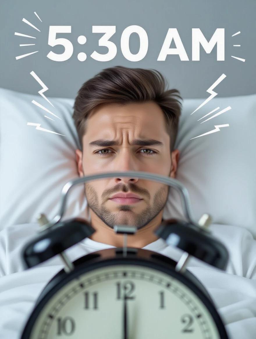 A man wakes up to a blaring alarm clock at 5:30 AM. His eyes look heavy and his face is blank.