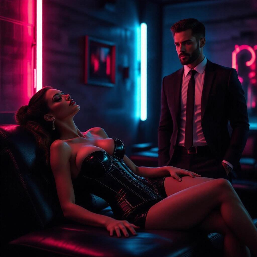 A woman in a black corset reclines on a leather couch while a man in a suit stands nearby. The room has dim lighting with neon lights creating an alluring ambiance. The scene captures a moment of tension and attraction. The woman's outfit contrasts with the surroundings, creating a striking visual.