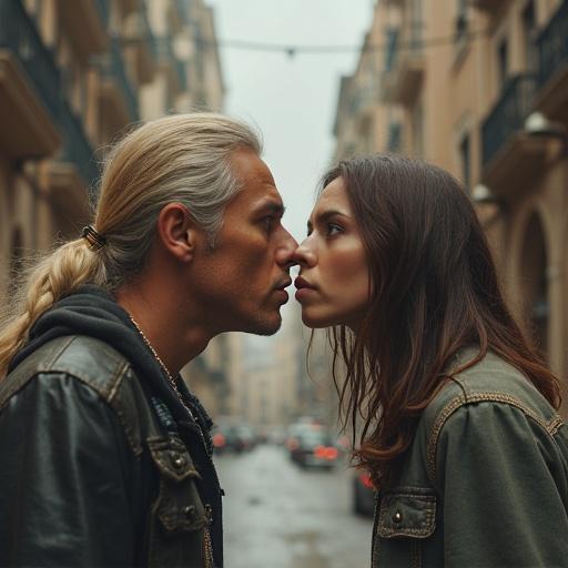 Couple facing each other in a romantic urban setting. High emotion captured in their expressions. Soft lighting enhances the scene. Positioned in a city street with buildings in the background.