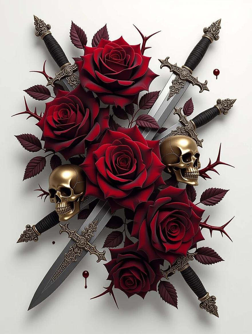 A hyper-detailed arrangement of gothic roses and daggers with gold skulls. Deep red roses intertwined with black knives. Textured petals with velvet and glossy finishes. Sharp thorns and dark silver blades engraved with runes. Elegant cluster floating in space with ambient shadows. Dramatic lighting and blood-like droplets. Perfect for dark fantasy themes.