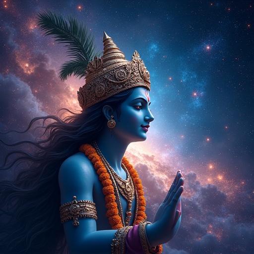Cosmic-style Lord Krishna symbol pulses with light. Sound waves ripple across galaxies. Glowing Sanskrit symbols float in the sky.