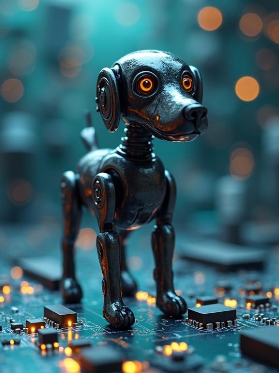 An electronic dog figure with features resembling a security camera as its head. It stands on a printed circuit board filled with components and glowing elements. The background suggests a tech-oriented environment with bokeh effects in a greenish tone.