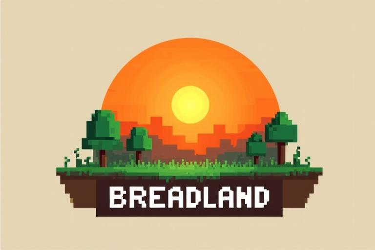 Logo for a Minecraft server named Breadland. Features an orange sunset with pixel trees and grass. Center has a bread pixel icon. Text reads Team server og lagring. Modern icon style.