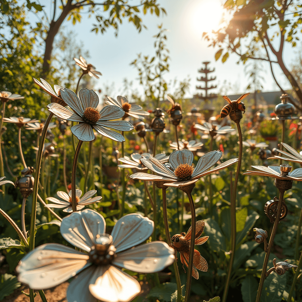 A garden scene featuring intricately designed metallic flowers and bees, bathed in warm sunlight with green foliage in the background.