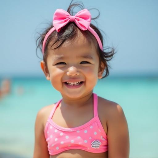 A cute toddler wearing a pink bikini. Bright blue ocean in the background. Sunny beach environment.