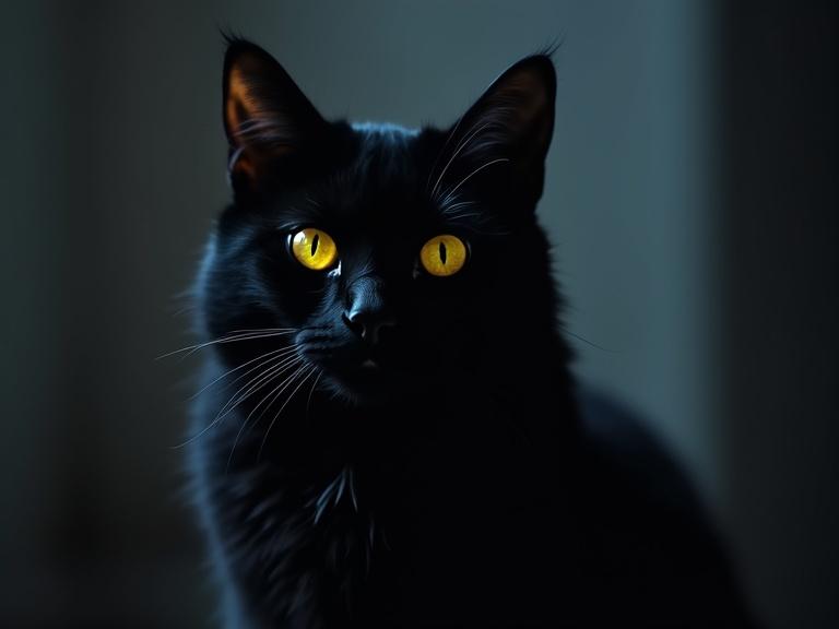 A black cat has gleaming yellow eyes. Image captured at night with low lighting.