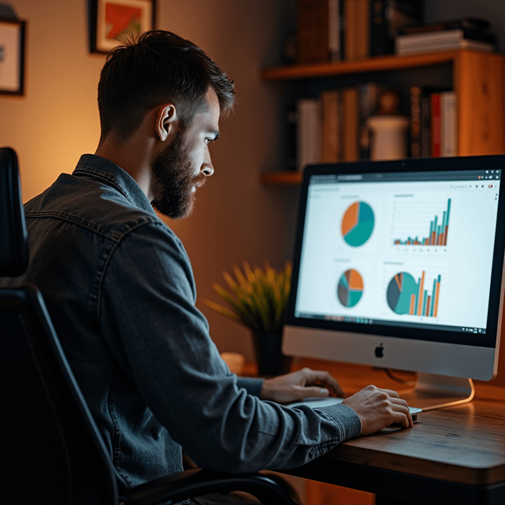 A man attentively analyzing data visualizations on a computer screen in a home office setting.