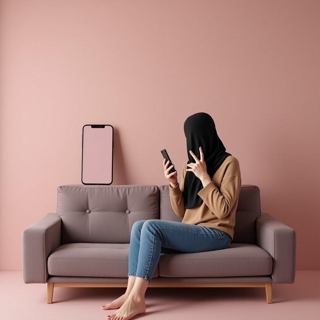 The background has a mauve gradient. A sofa is visible. A woman wears a veiled head covering. She holds a mobile phone. There is a large iPhone mockup on the sofa. The phone shows customer comments on Instagram.