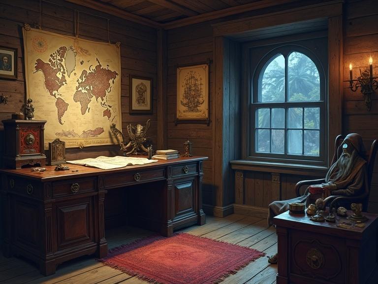 A gloomy pirate captain's cabin has wooden walls. It contains a massive desk with nautical charts. A locked treasure chest rests nearby. Sinister shadows loom in the corners. The atmosphere is richly decorated yet foreboding. The room feels like a mix of adventure and mystery.