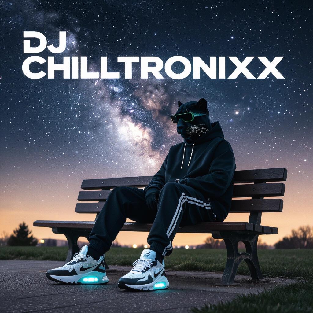 A person with a panther head dressed in stylish tracksuit and Nike Air Max shoes sits on a park bench under a sky filled with stars and nebula. The scene has a dark vibe. Text stylishly states DJ Chilltronixx.