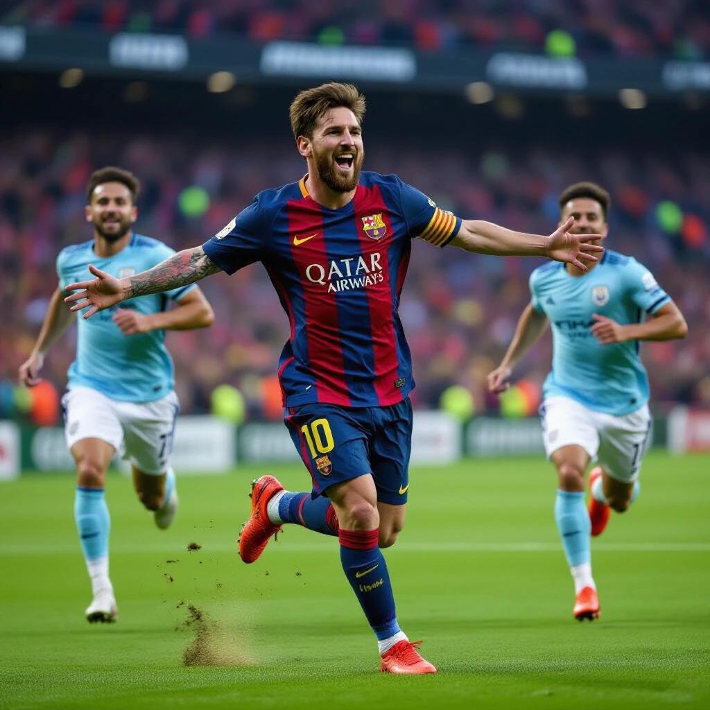 Messi celebrating a goal during a soccer match. The scene depicts excitement and victory on the pitch. The background shows players in motion. The setting is vibrant with cheering fans.