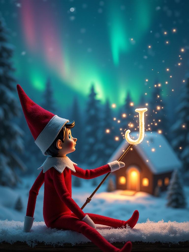 Elf on the shelf sits on a ledge in a snowy landscape. Elf gazes at colorful northern lights in the sky. Holding a glowing wand. Cozy house with warm light is visible in the distance. Snow covers the ground. Elf embodies the magic of Christmas with the name JJ appearing in the air.