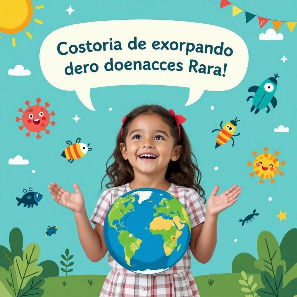 Imagem de criança educando sobre doenças raras. A criança segura um globo na cintura. Fundo lúdico com céu azul. Elementos divertidos ao redor da criança. Texto em português visível.