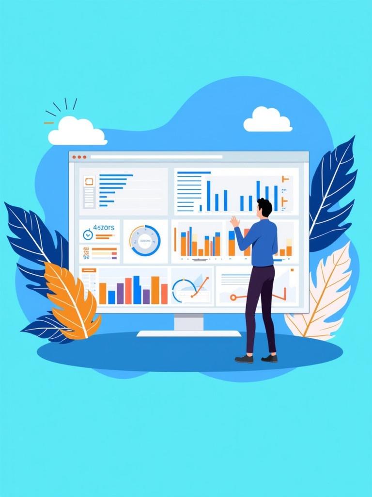 Colorful and interactive business analytics dashboard depicted. The dashboard displays various charts and graphs for financial analysis. A person stands beside the dashboard engaging with the data. The background consists of bright blue with stylized leafy elements. The charts showcase diverse metrics and statistics making it visually appealing and informative. Ideal for presentations or marketing content.