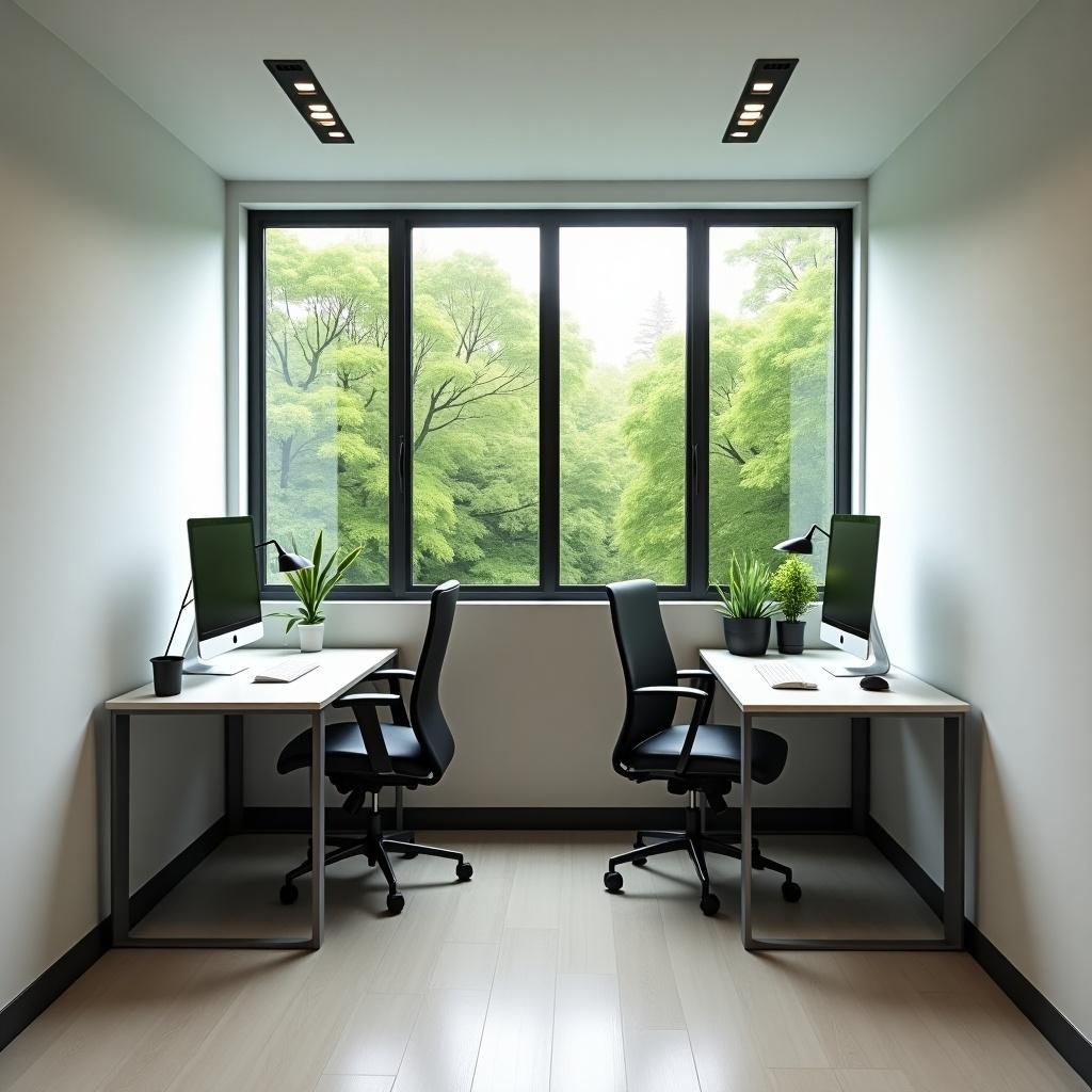 A compact modern office space for two. Two minimal desks are placed opposite each other with monitors and desk lamps. Ergonomic chairs with stylish design. Large traditional windows allow natural light and show lush greenery outside. Neutral painted walls create calm ambiance.