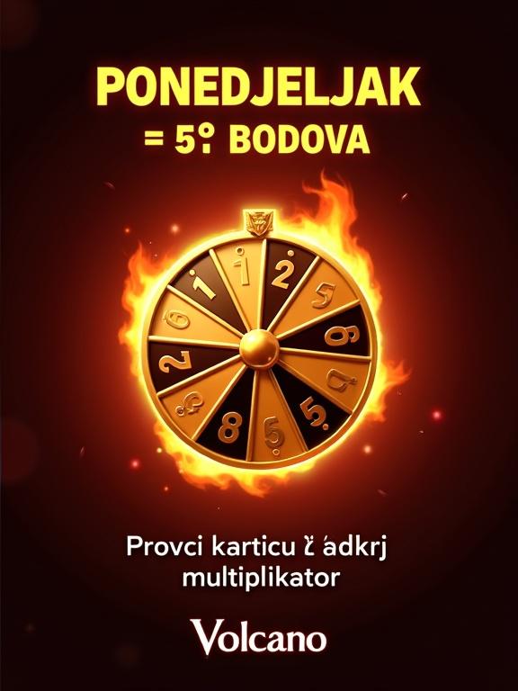 Instagram story design with dark gradient background and flame effects. Bold yellow text at the top. Center spinning gold wheel with multipliers. White text instructing users. Volcano logo included. Energetic casino vibe.