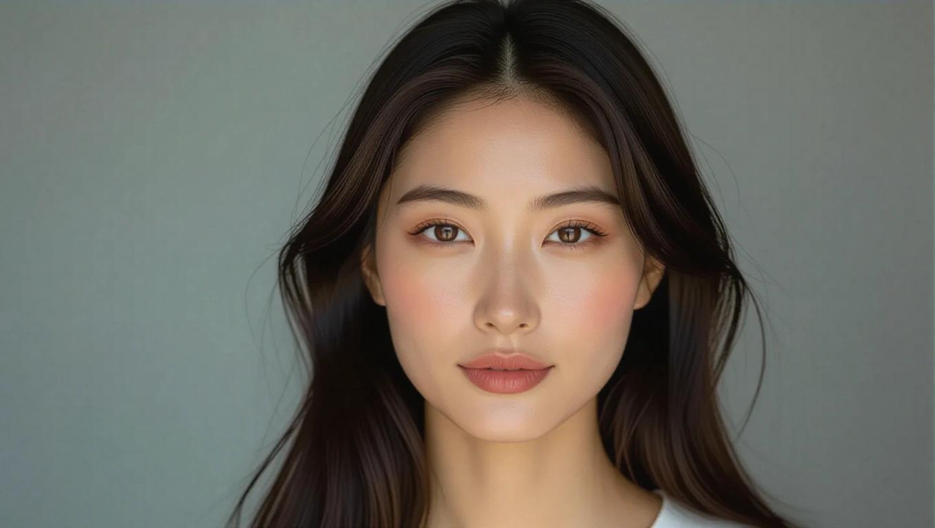 Ultra-realistic photograph of a 28-year-old woman with natural long black hair. She has minimal makeup and a gentle expression. This is a head and shoulders portrait taken with a phone at 20 MP resolution. The image resembles a high-resolution DSLR photo.