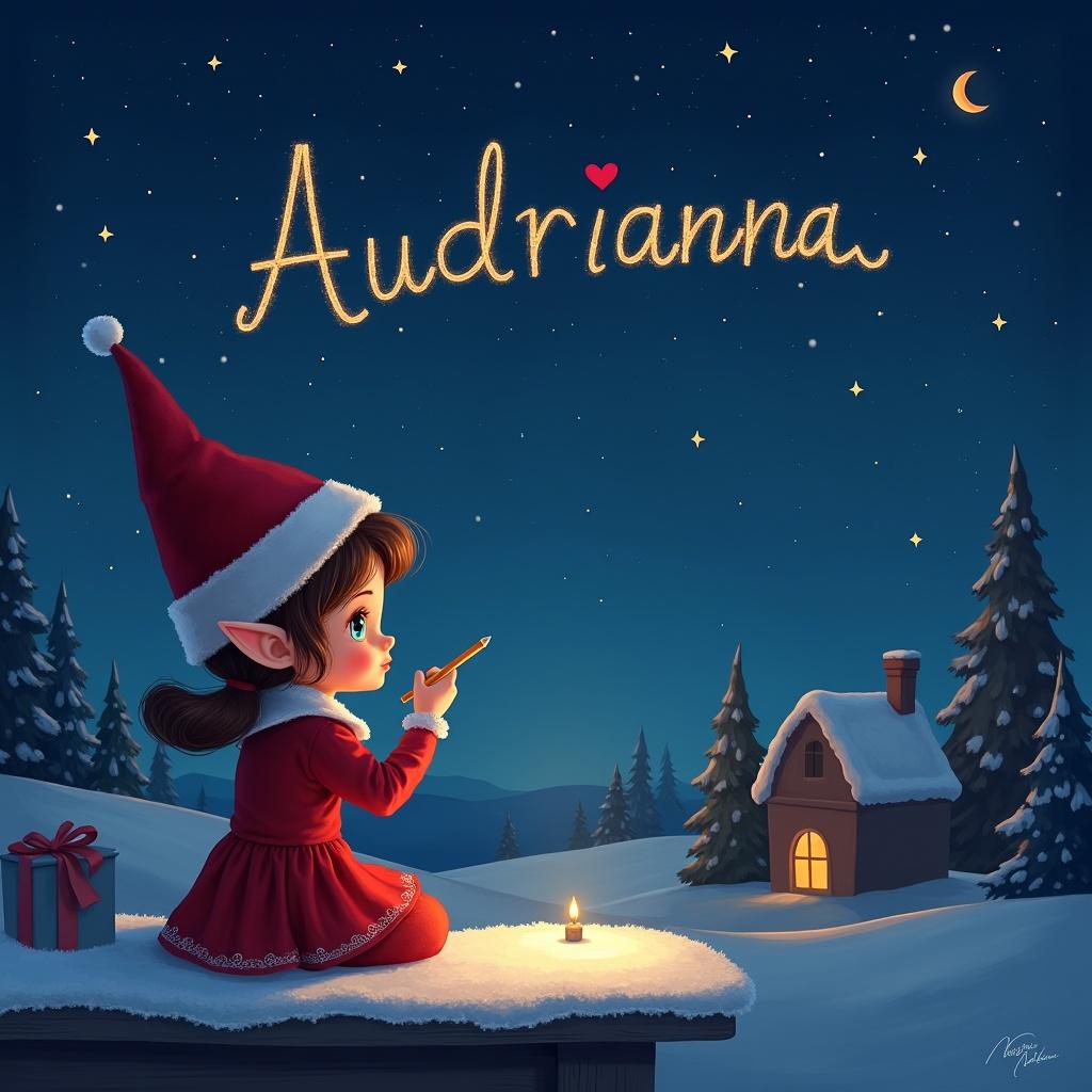 A whimsical scene features a girl elf sitting outside at night, dressed in a festive red outfit and a Santa hat. She is joyfully writing the name 'Audrianna' in the magical sky filled with shimmering stars. In the background, a cozy cottage glows warmly, indicating a festive atmosphere. The snow-covered ground adds to the winter charm, and a present sits nearby, enhancing the holiday spirit. Santa can be seen nearby, subtly forming part of this enchanted setting, making it truly magical for anyone who views it.