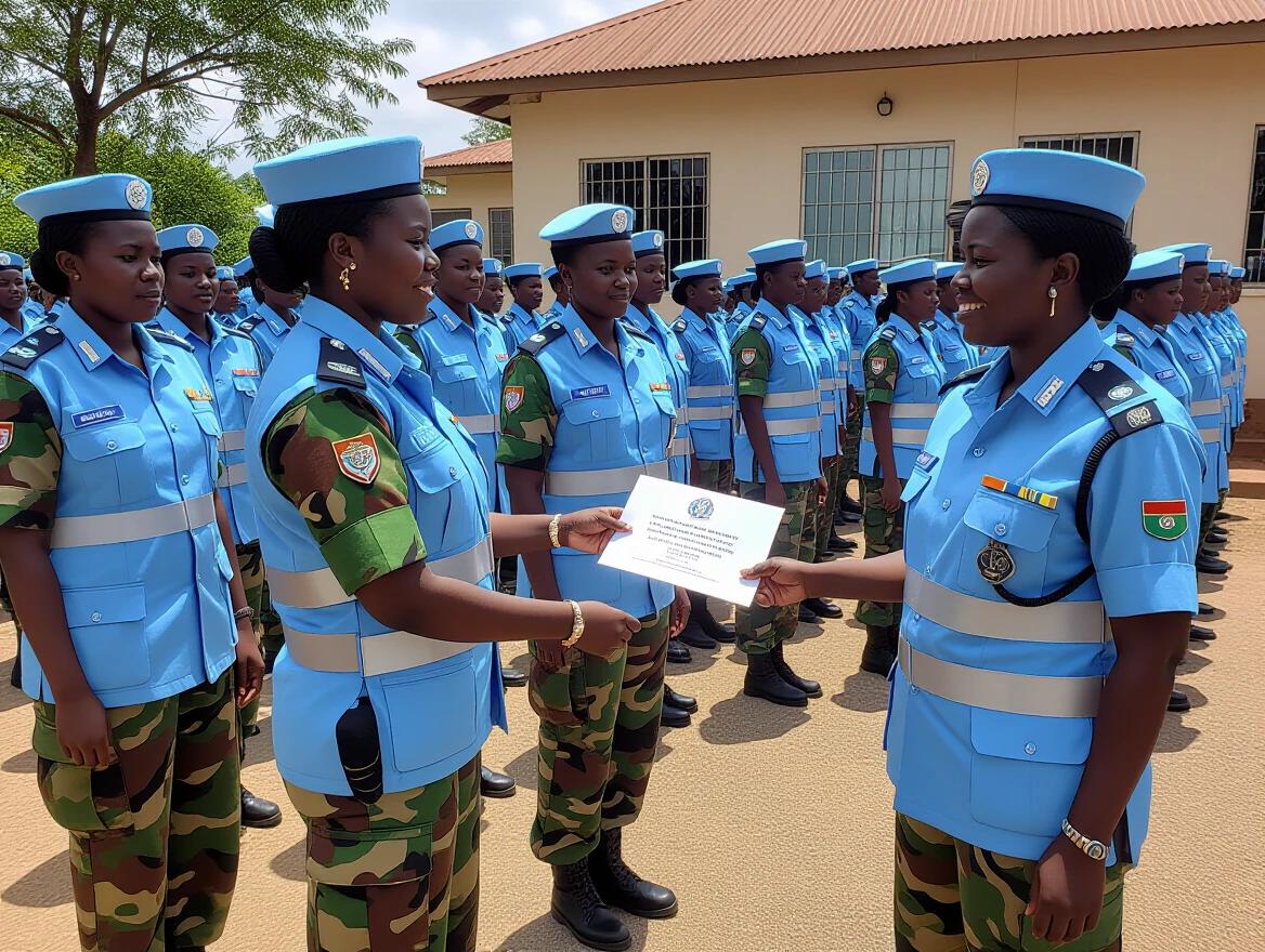 Image of women engaged in a peacekeeping operation with a focus on a document exchange. Group of uniformed women in blue and camouflage attire.