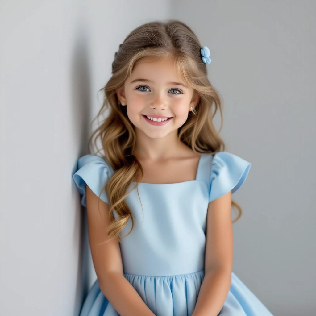 Girl wearing a light blue dress with a gentle smile posed against a neutral background. The hair styled with a decorative clip. The dress features soft ruffles at the sleeves.