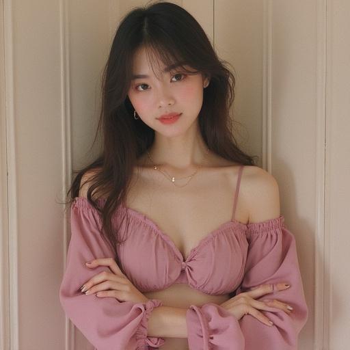 A Japanese woman resembling a celebrity about 25 years old in a changing room during the day. She has long brown hair styled in a bun and is playfully looking back at the camera while dancing. She wears white lingerie and a pastel pink shirt. The image captures her full body from a low angle.