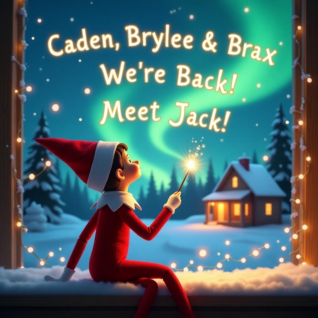 Elf on the shelf gazes up holding a glowing wand. Background features northern lights and a cozy house. Snow covers the ground. Message in the sky reads 'Caden, Brylee, & Brax We're Back! Meet Jack!'.