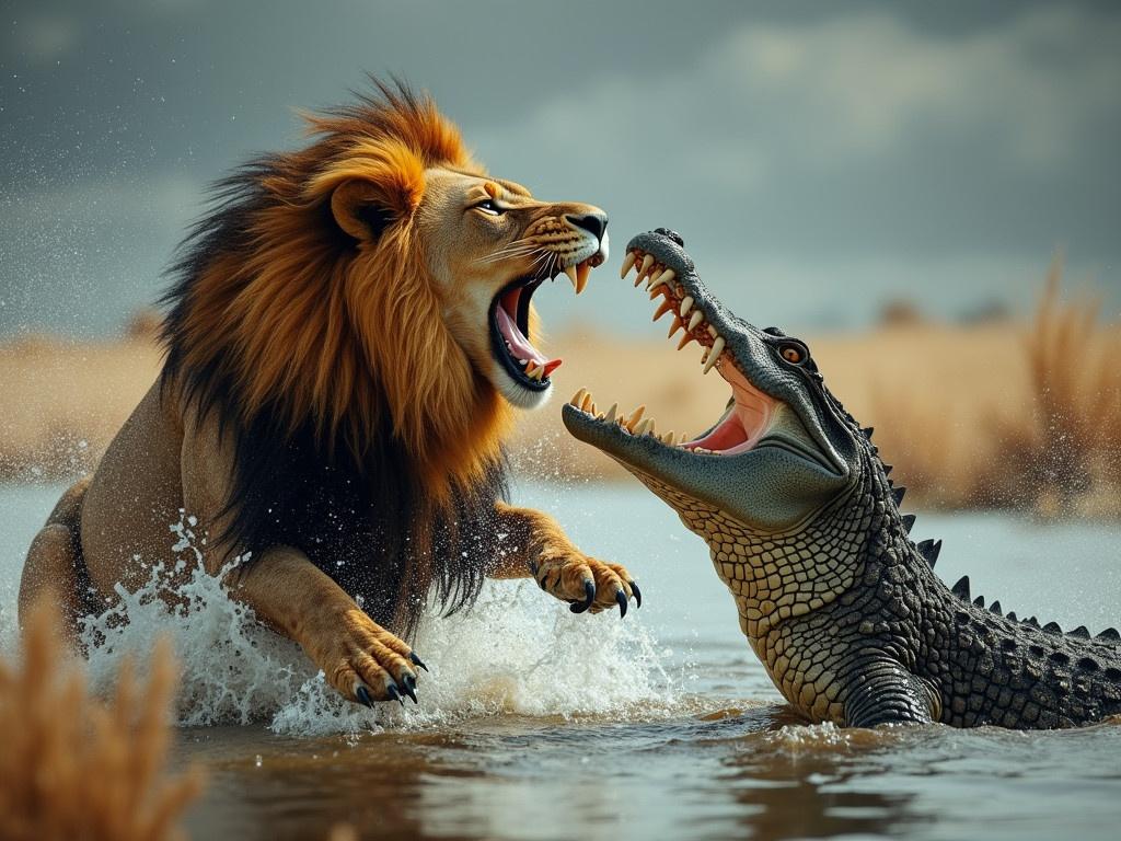 The image shows a fierce battle between a lion and a crocodile in a dramatic setting. The lion, with its majestic mane, is roaring and appears to be very powerful. The crocodile, with its open mouth displaying sharp teeth, seems equally aggressive. They are partially submerged in water, surrounded by a landscape of dry grass and a moody sky. Water splashes around them as they engage in this intense confrontation, showcasing the wildness of nature.