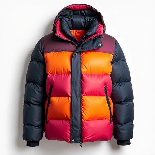 A multicolored puffy down jacket with bright colors and a stylish design