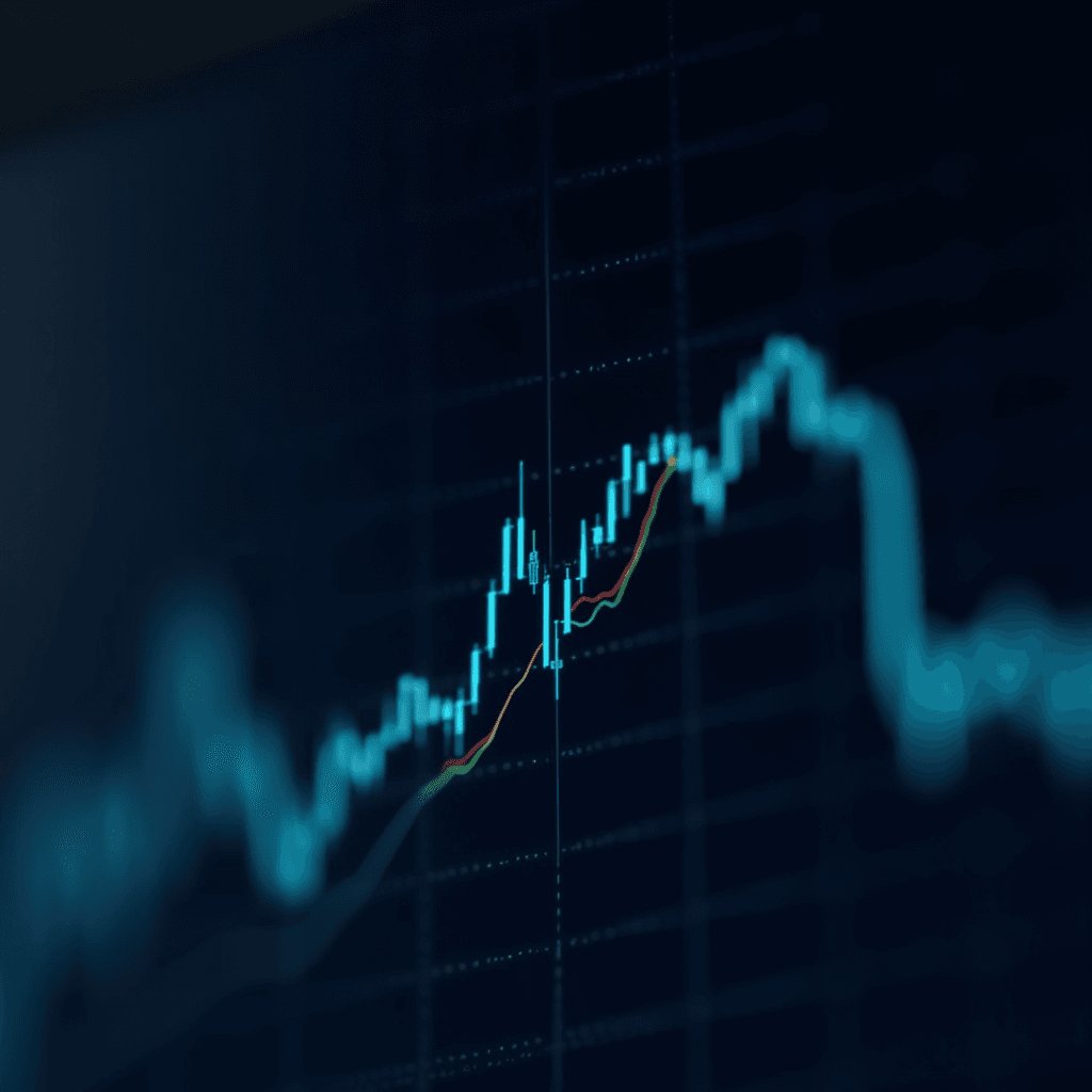 A close-up of a financial chart with fluctuating lines and candlestick patterns.