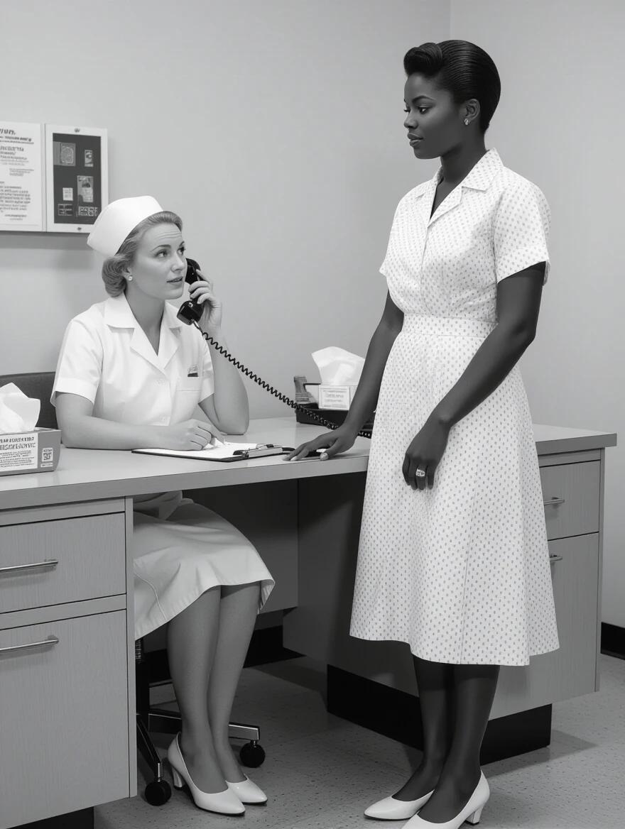 Black and white photograph nurses office. Nurse in classic white uniform and cap talks on the phone. Desk is tidy with materials. Standing woman in hospital gown displays confidence. Soft lighting highlights the scene. Sterile and clinical atmosphere with a hint of tension.