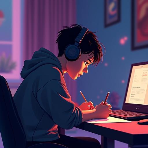 Lofi art of a person with headphones listening to music while drawing at their desk. Soft lighting illuminates the workspace. Image in square ratio.