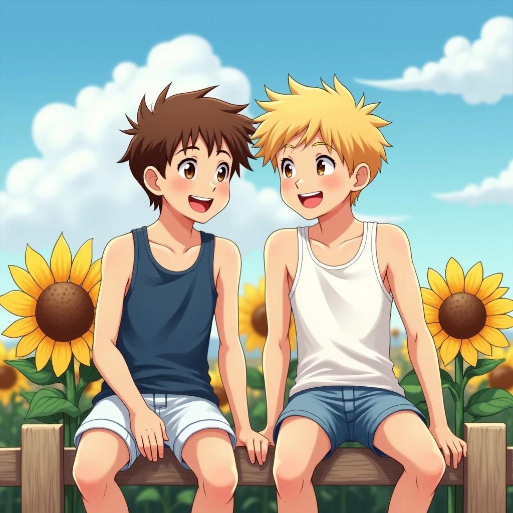 Two boys with brown and blonde hair sit together on a picket fence. One boy has a blue tank top and the other wears a white tank top. Both wear light shorts. They sit closely with one boy's hand resting on the other boy's hand on the fence. The background displays vibrant sunflowers under a bright blue sky with fluffy white clouds.