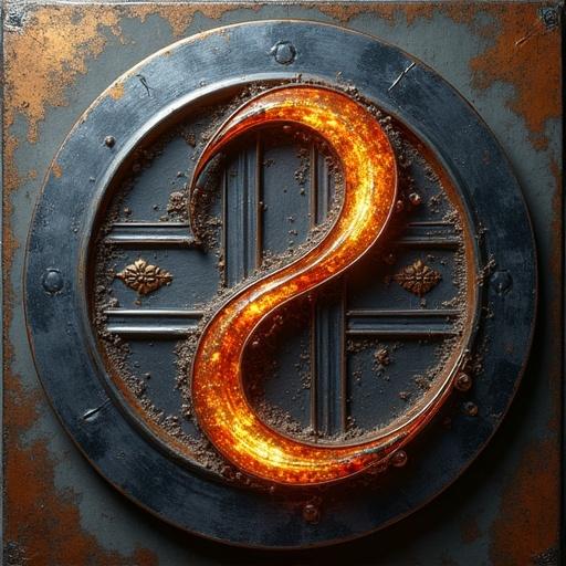 Icon representing the FLOW method by Miguel Rueda Carpio. Metal with chrome appearance. Features a stylized snake. Circular emblem design with textures and glowing elements.