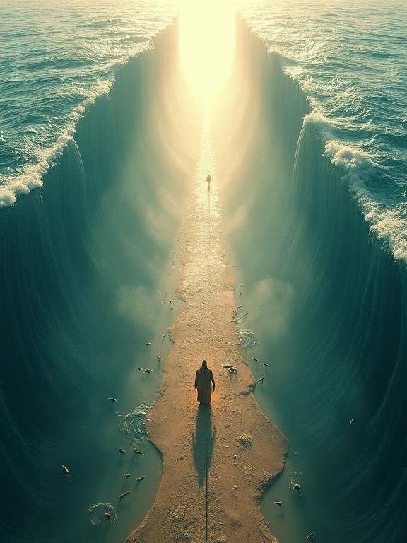 Top-down aerial view of Moses parting the Red Sea. A wide corridor of dry seabed through towering waves. Moses at the center with a staff in hand, illuminated by heavenly light. Israelites in silhouette moving behind him. Detailed water textures displaying fish and bubbles.