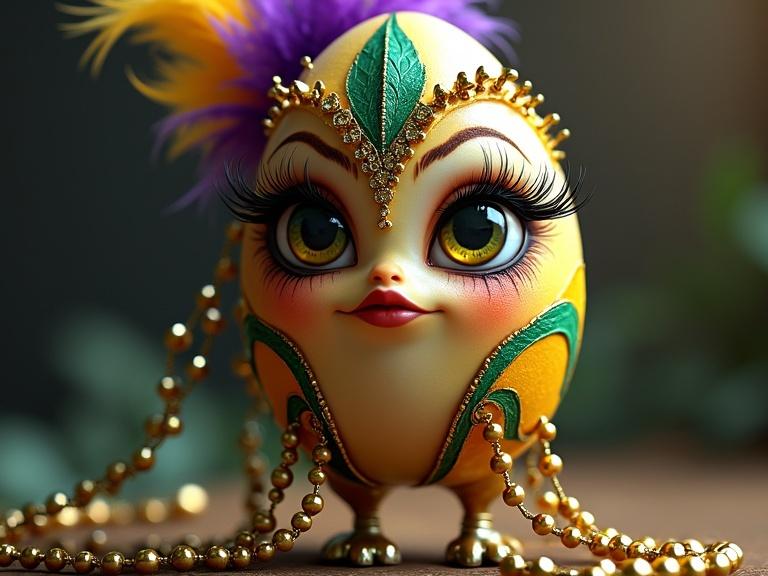 Digital artwork of a female egg for Mardi Gras parade. Decorative features include long eyelashes and a feather headdress. Egg is adorned with Mardi Gras beads and stiletto heels. Stylish representation.