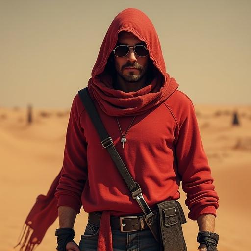 Desert bandit character in a red shirt. Scarf covers head and face. Sunglasses on eyes. Tactical gloves on both hands. Worn jeans pants. In T pose. Even lighting.