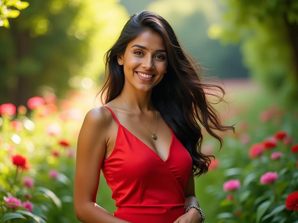 The image features a smiling woman standing in a lush garden. She wears a vibrant red dress that contrasts beautifully with the greenery and colorful flowers around her. Her long hair flows gracefully in the gentle breeze. The soft, natural light enhances her features and the overall warmth of the scene. This portrait captures a moment of joy and beauty in a serene outdoor setting.