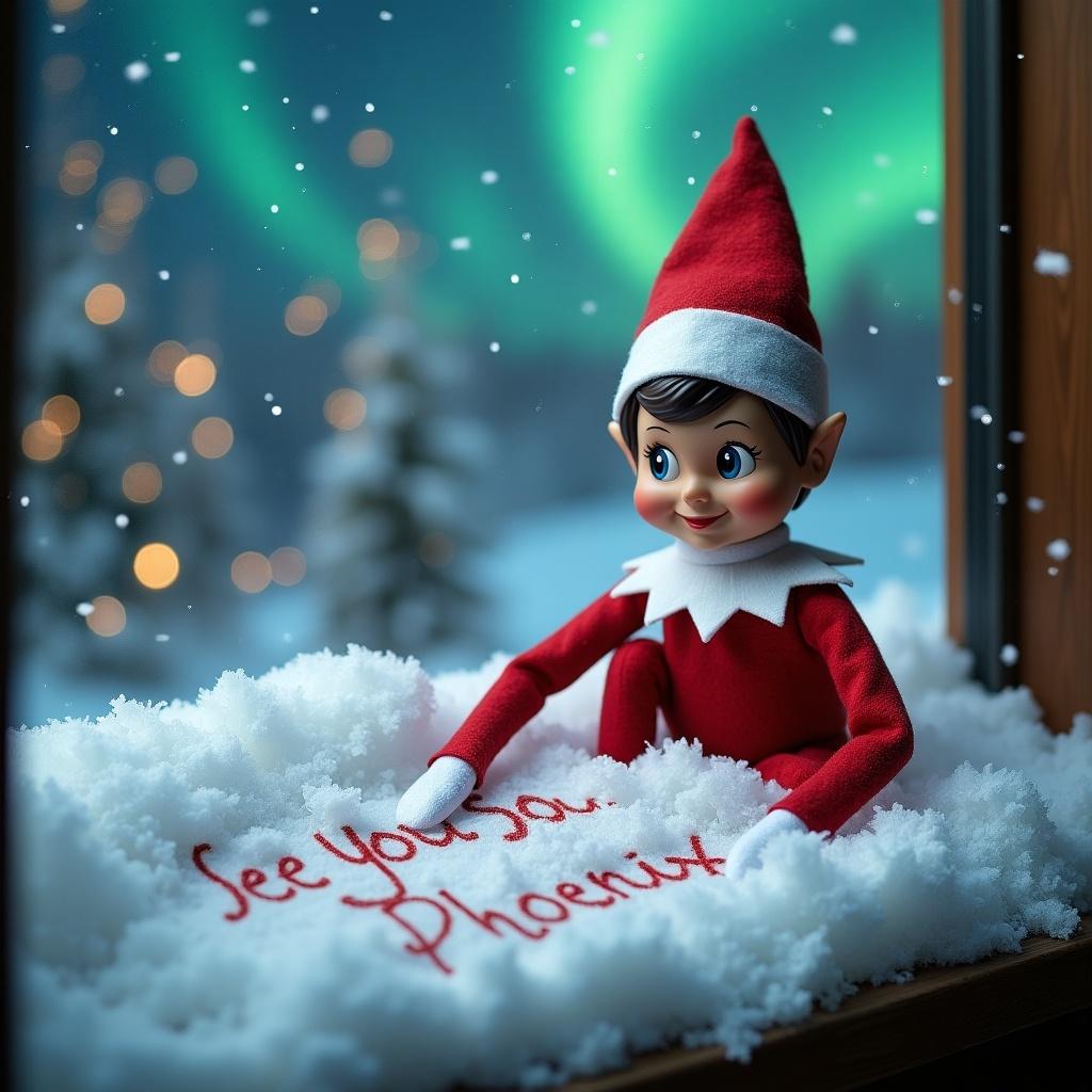 An elf on the shelf writes 'See You Soon Phoenix' in the snow outside. The elf wears a red outfit with white trim and has a smile. The background features northern lights with a snowy landscape for a holiday scene.