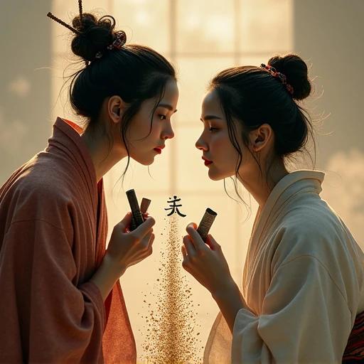Two samurai women face each other with nearly touching fingers. One holds a scabbard while the other holds a torn scroll. Rice grains scattered on the ground form the symbol for love.